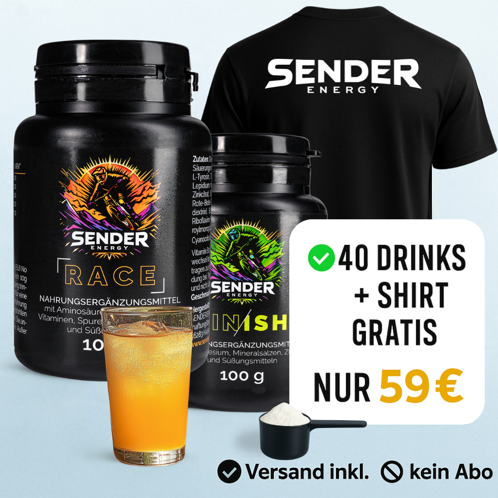 Energy Pulver Bundle mit 40 Drinks + gratis Shirt von SENDER ENERGY für 59 €, inkl. Versand, kein Abo