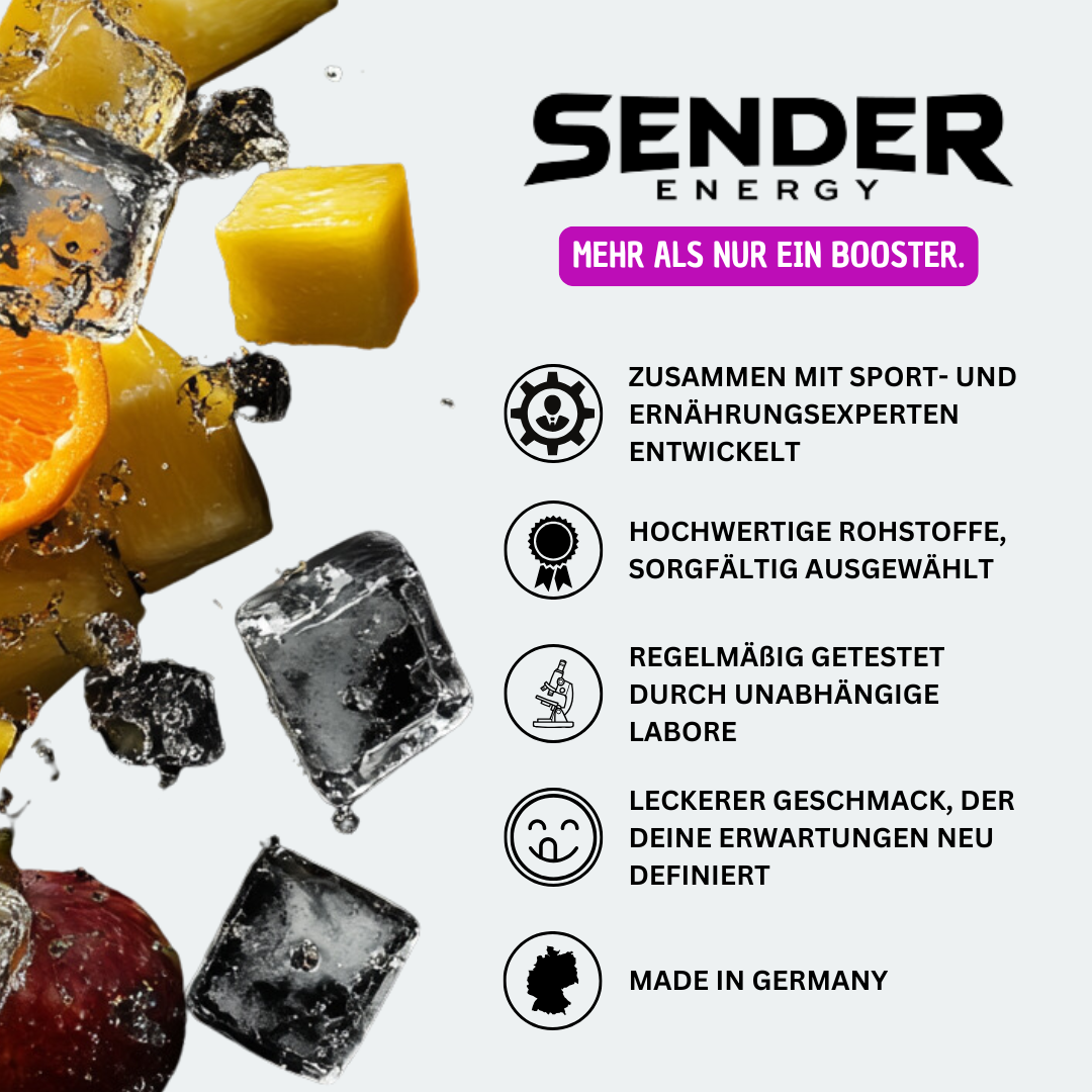 Grafik mit den Vorteilen von SENDER ENERGY: Hochwertige Rohstoffe, Laborgeprüft, Made in Germany, entwickelt mit Experten, und leckerer Geschmack