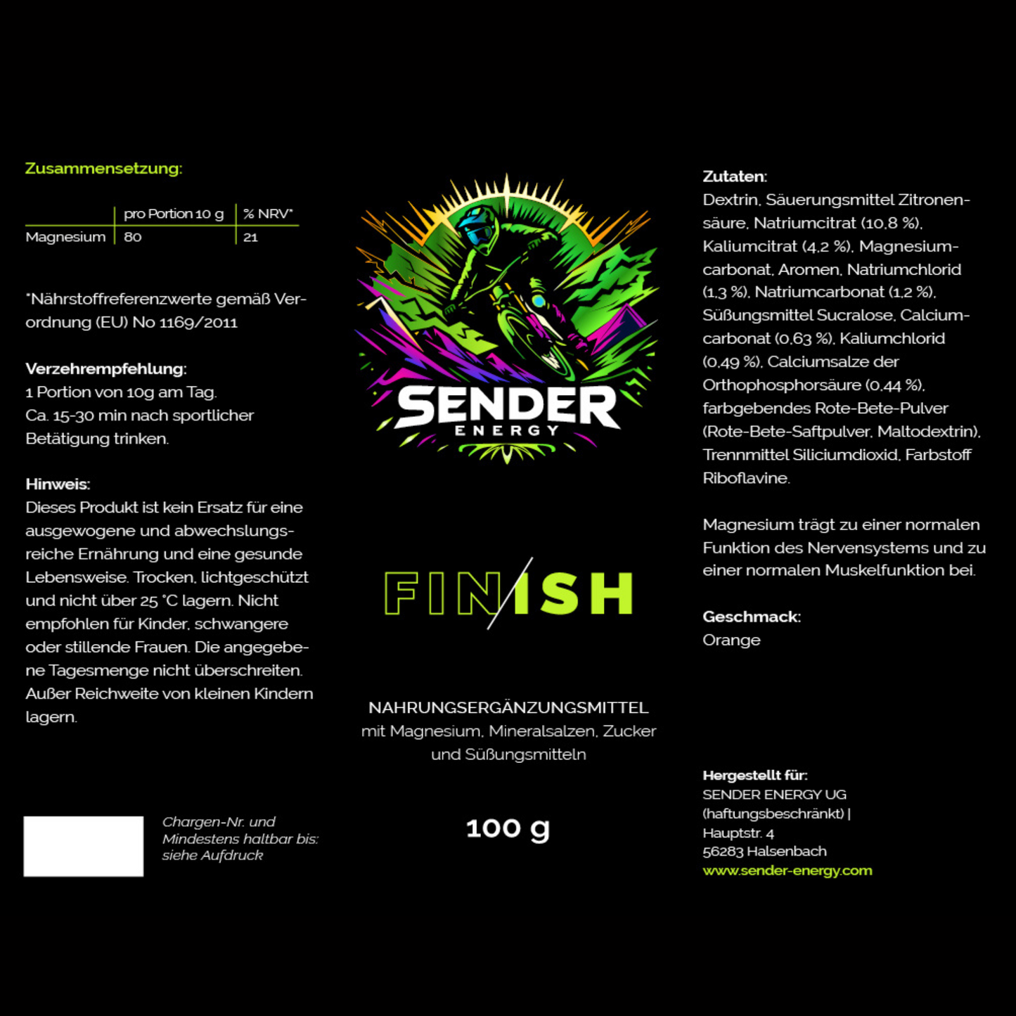 Etikett von SENDER ENERGY FINISH mit Nährwertangaben, Inhaltsstoffen und dem Geschmack Orange