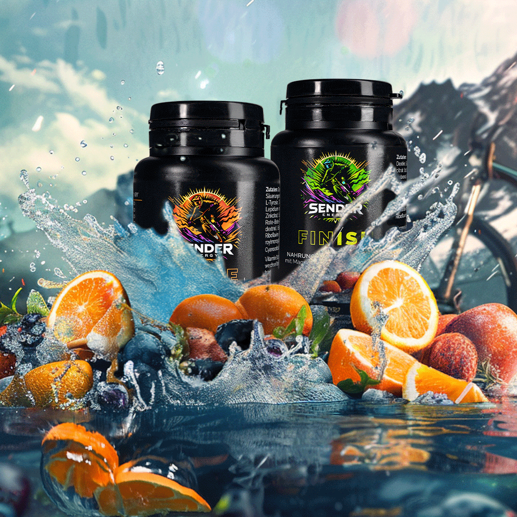 RACE und FINISH Energy Drinks von SENDER ENERGY: Veganes, koffeinfreies Getränkepulver mit Aminosäuren, Ginseng, Maca, B-Vitaminen, Magnesium und Elektrolyten für Energie und Regeneration – Made in Germany.