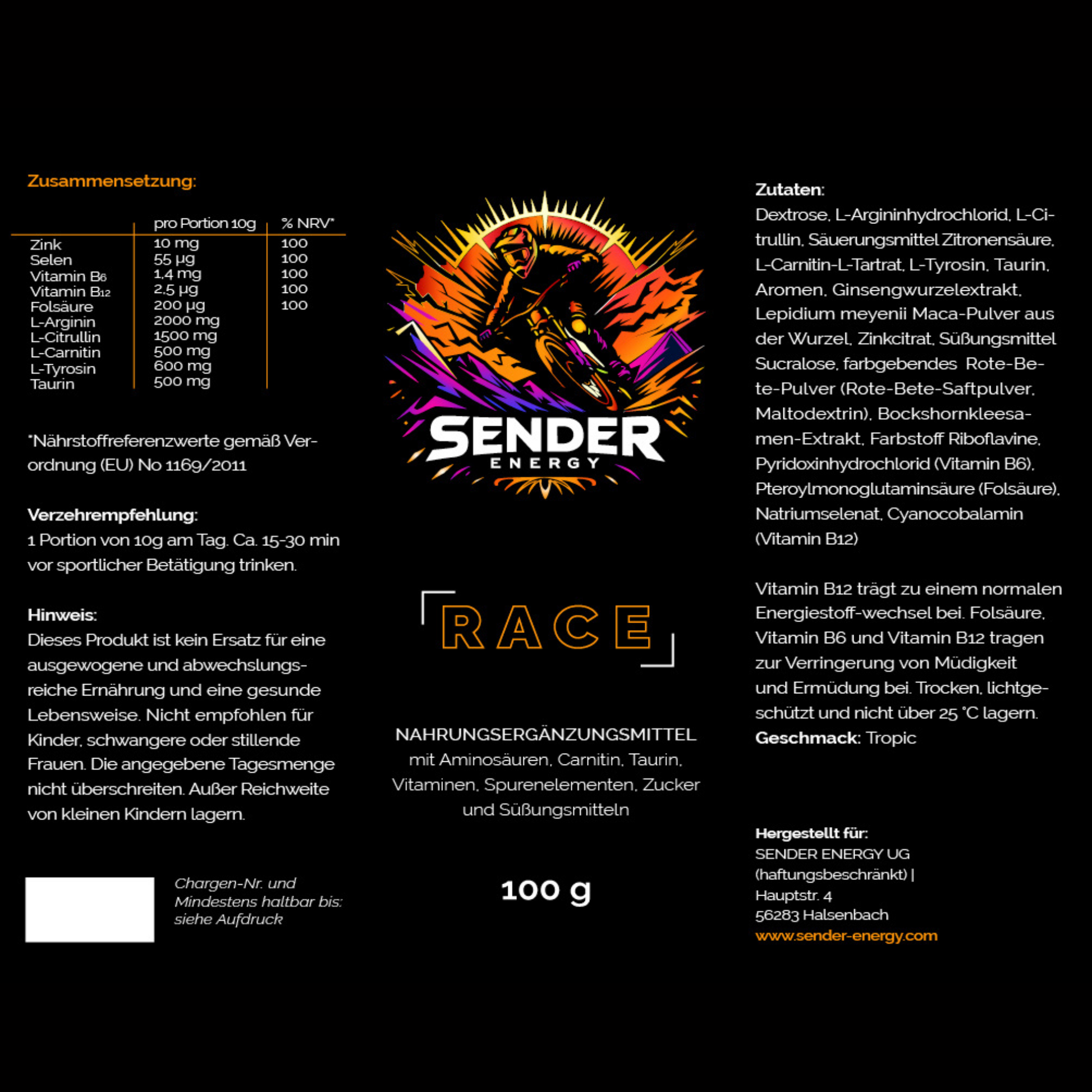 Etikett von SENDER ENERGY RACE mit Nährwertangaben, Inhaltsstoffen und dem Geschmack Tropic