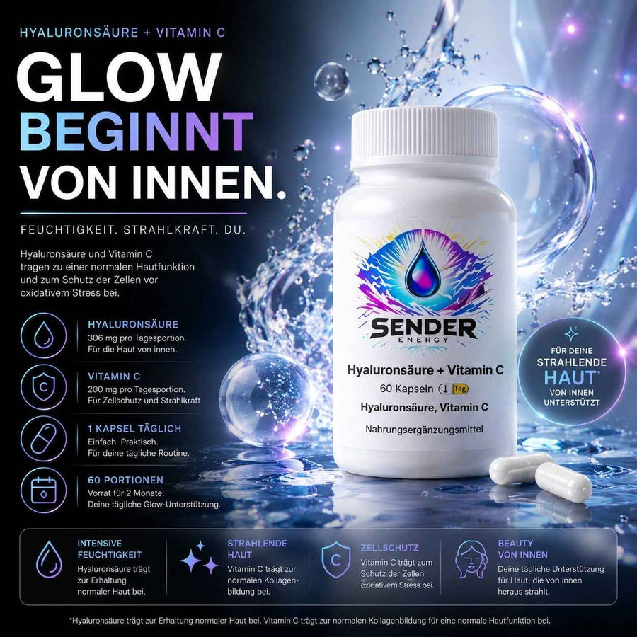 Hyaluronsäure Vitamin C Kapseln für strahlende Haut und optimale Hydratation - SENDER ENERGY