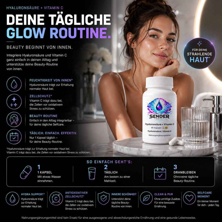 Hyaluronsäure Vitamin C Kapseln für strahlende Haut und optimale Hydratation - SENDER ENERGY