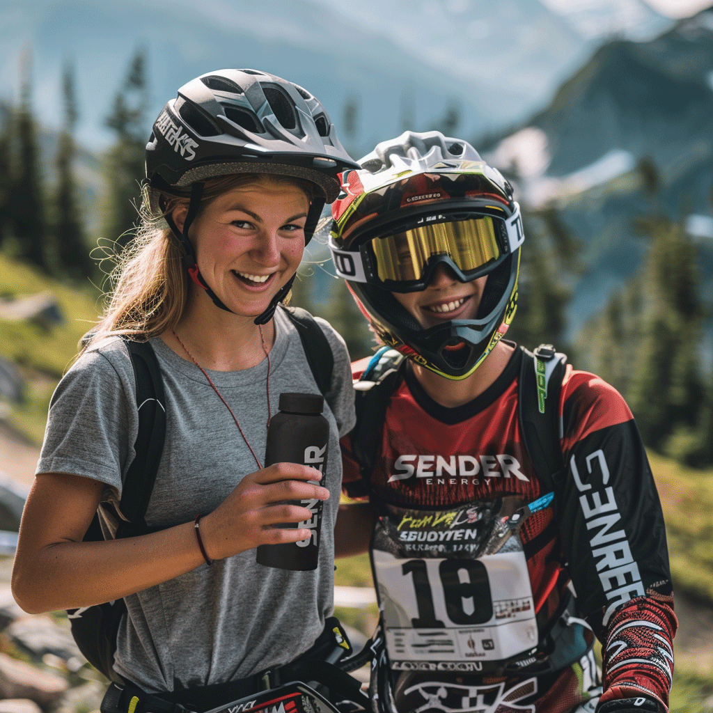 SENDER ENERGY Community: Zwei Downhill-Mountainbiker mit Helm und Trinkflasche, symbolisieren Gemeinschaft und Leidenschaft für Extremsport.