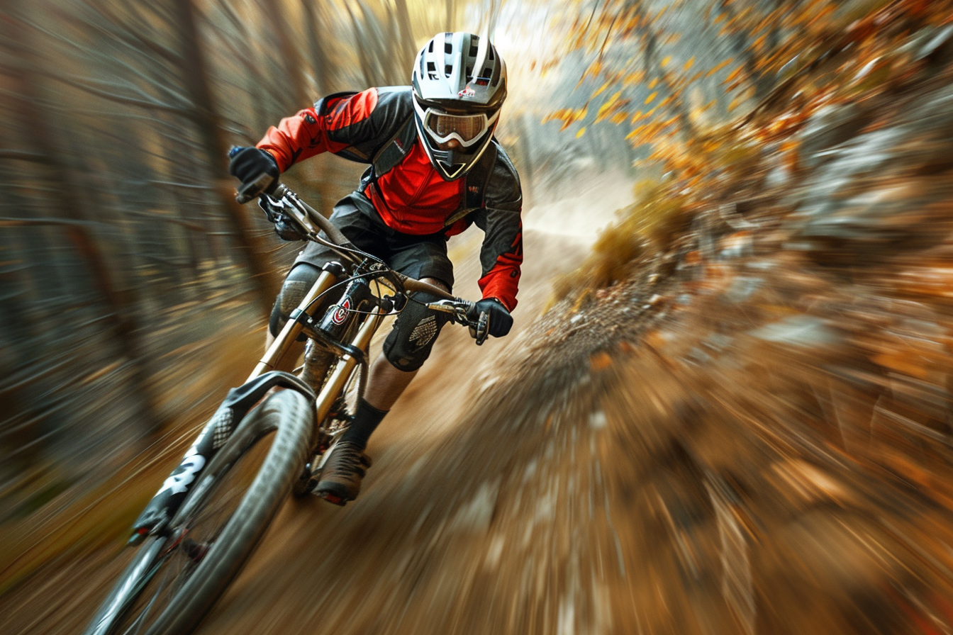 Downhill-Biker in actionreicher Fahrt durch den Wald. Unterstützt von SENDER ENERGY für nachhaltige Energie und Performance
