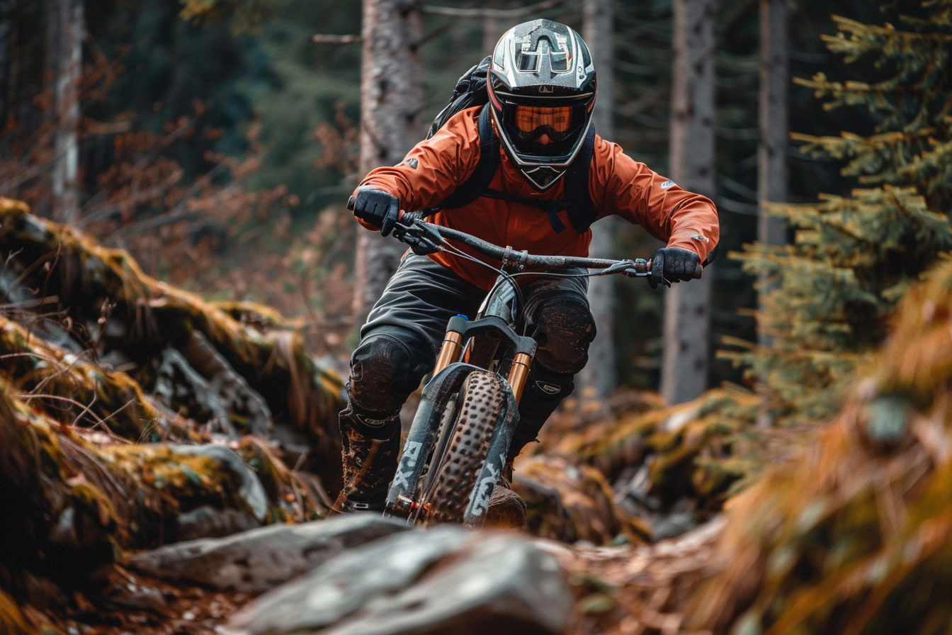 Downhill-Biker in einer technischen Waldpassage, unterstützt von SENDER ENERGY für nachhaltige Leistung und Konzentration