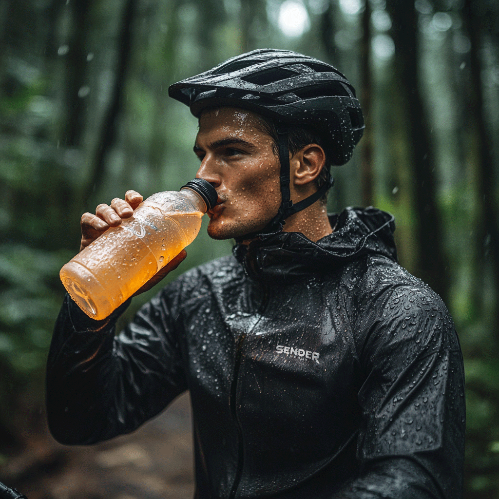 Mountainbiker trinkt SENDER ENERGY Drink bei Regen im Wald. Perfekt für Hydration und nachhaltige Performance im Extremsport