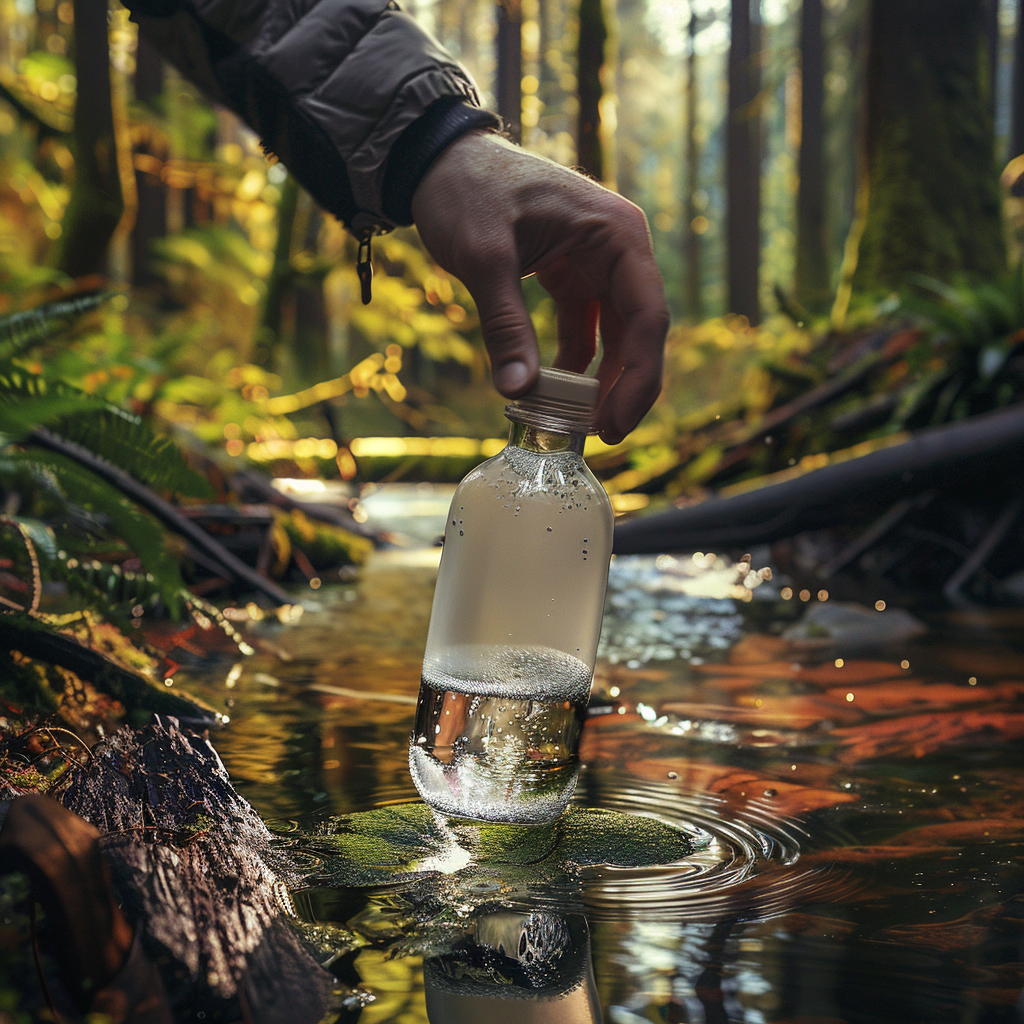 SENDER ENERGY Outdoor: Wasseraufnahme aus einem klaren Bach. Perfekt für nachhaltige Abenteuer und natürliche Energie