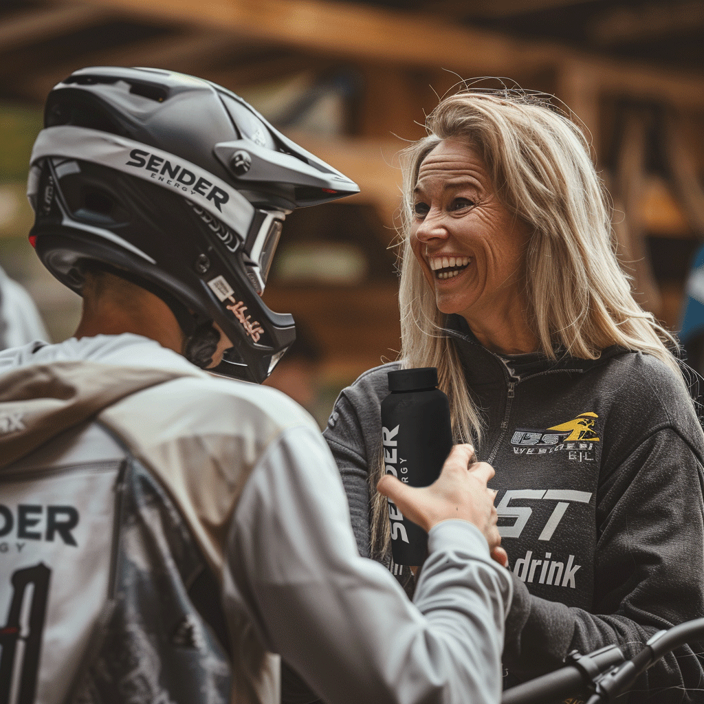 SENDER ENERGY Unterstützer: Mountainbiker mit Helm und Trinkflasche, ideal für Downhill, Enduro und vegane Energy Drinks RACE und FINISH.