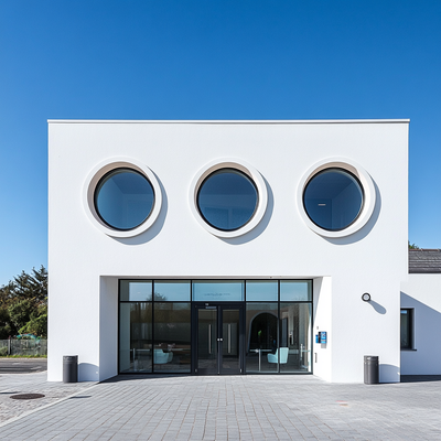 SENDER ENERGY Firmengebäude: Moderne Architektur mit runden Fenstern, steht für Innovation und Qualität in Energy Drink Produkten