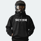 Downhill-Fahrer mit Helm und schwarzem SENDER ENERGY Hoodie, perfekt für Extremsportler und Fans von Energy Drinks