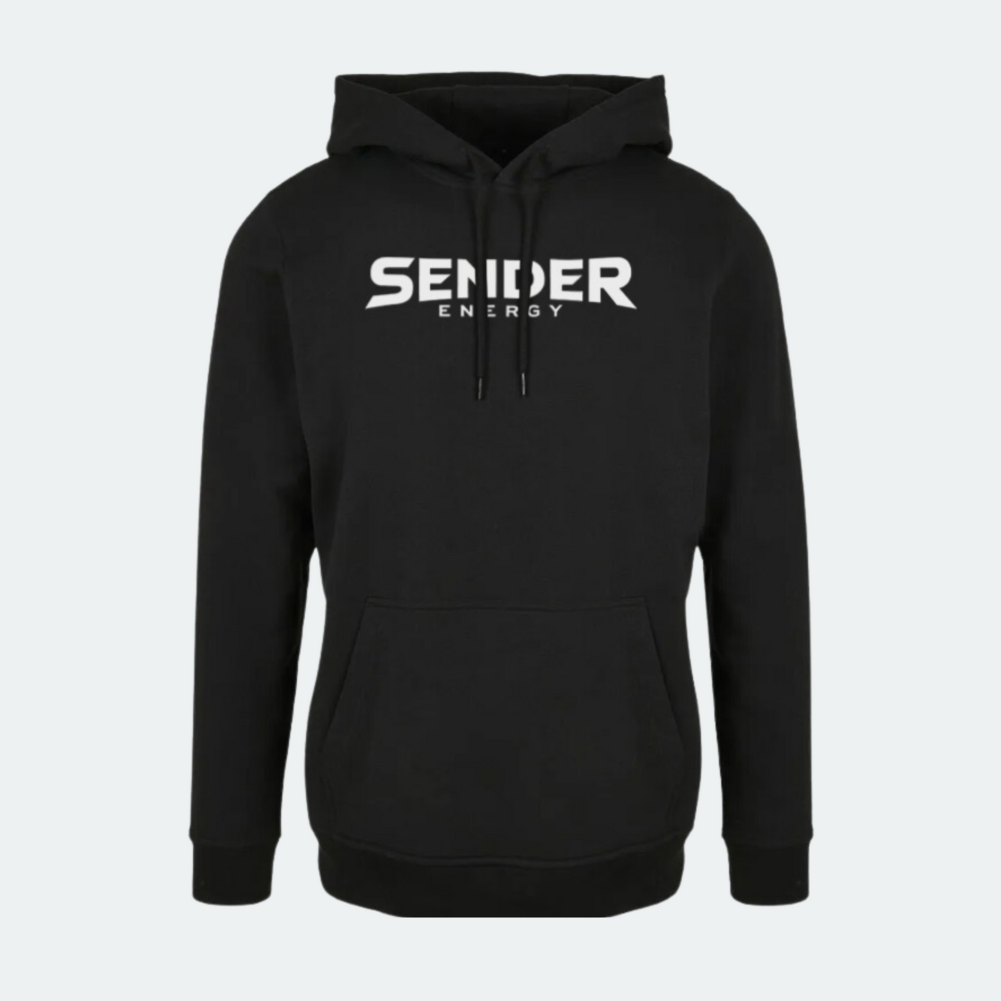 Schwarzer SENDER ENERGY Hoodie mit weißem Logo, ideal für Extremsportler und Fans von hochwertiger Freizeitbekleidung