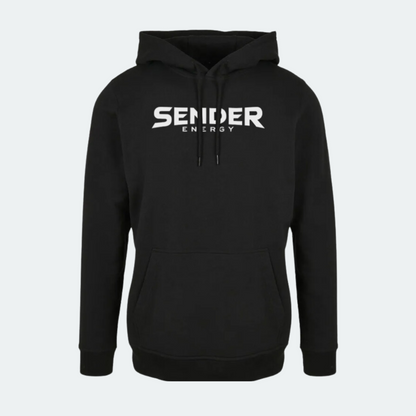 Schwarzer SENDER ENERGY Hoodie mit weißem Logo, ideal für Extremsportler und Fans von hochwertiger Freizeitbekleidung