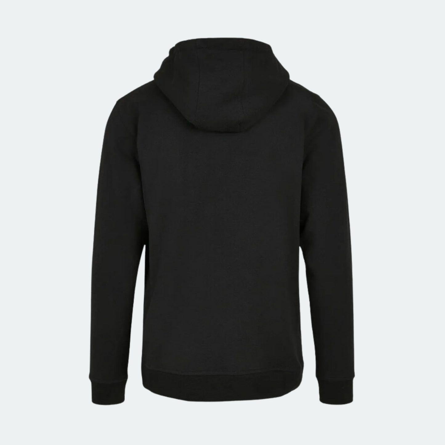 Rückseite eines schwarzen SENDER ENERGY Hoodies, perfekt für Fans von sportlicher und bequemer Bekleidung im Extremsport-Bereich