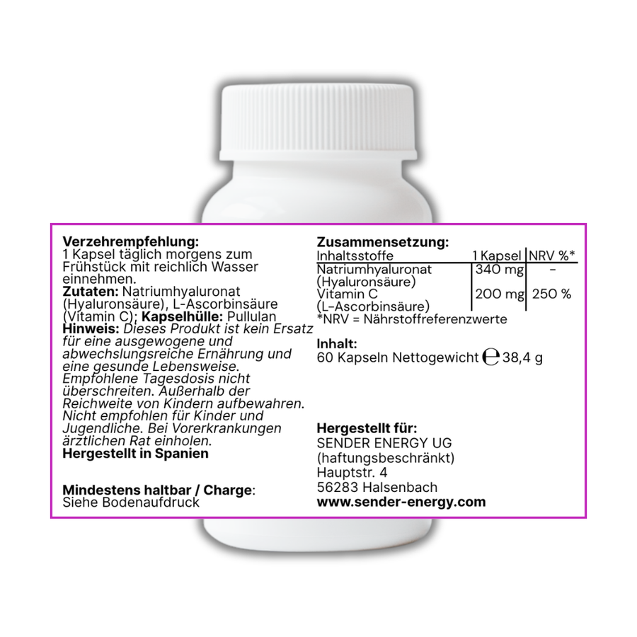 Hyaluronsäure Vitamin C Kapseln für strahlende Haut und optimale Hydratation - SENDER ENERGY