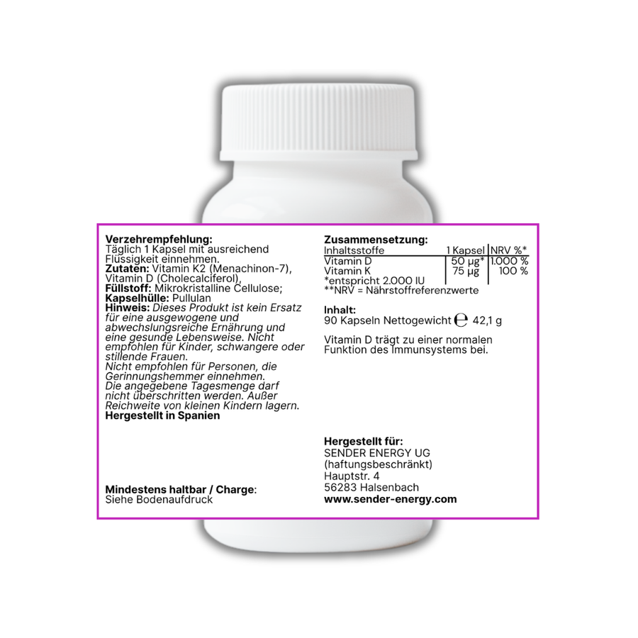 Vitamin D3 K2 MK7 Kapseln für optimale Gesundheit und Immunsystem Unterstützung - SENDER ENERGY