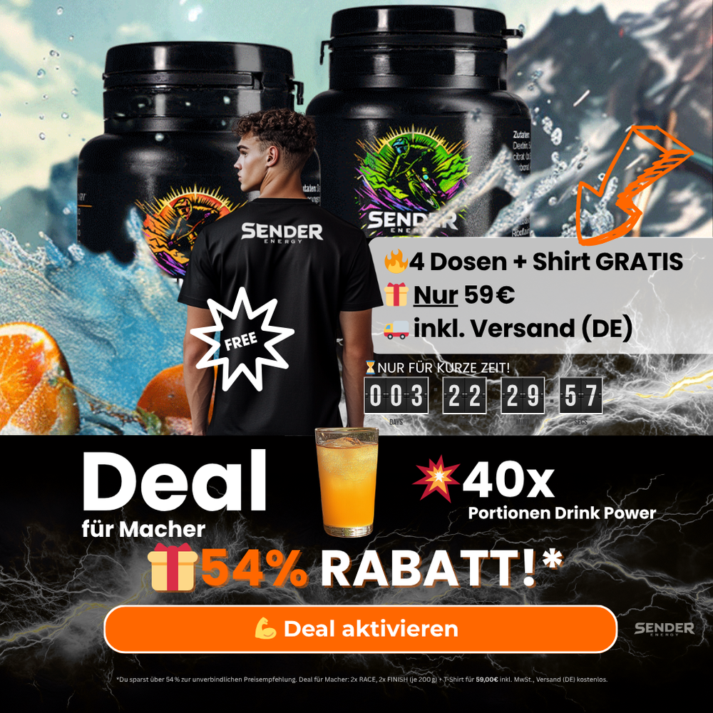 SENDER ENERGY Deal: 4 Dosen Energy-Pulver plus GRATIS Shirt für 59 € inklusive Versand – 54 % Rabatt, 40 Portionen Power