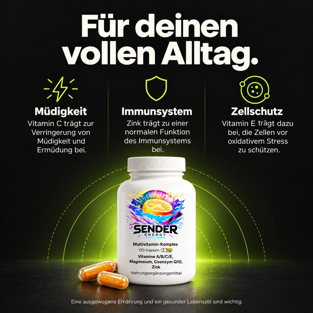 Vitamin C trägt zur Verringerung von Müdigkeit und Ermüdung bei. Zink trägt zur normalen Immunfunktion bei. Vitamin E trägt zum Schutz der Zellen vor oxidativem Stress bei.