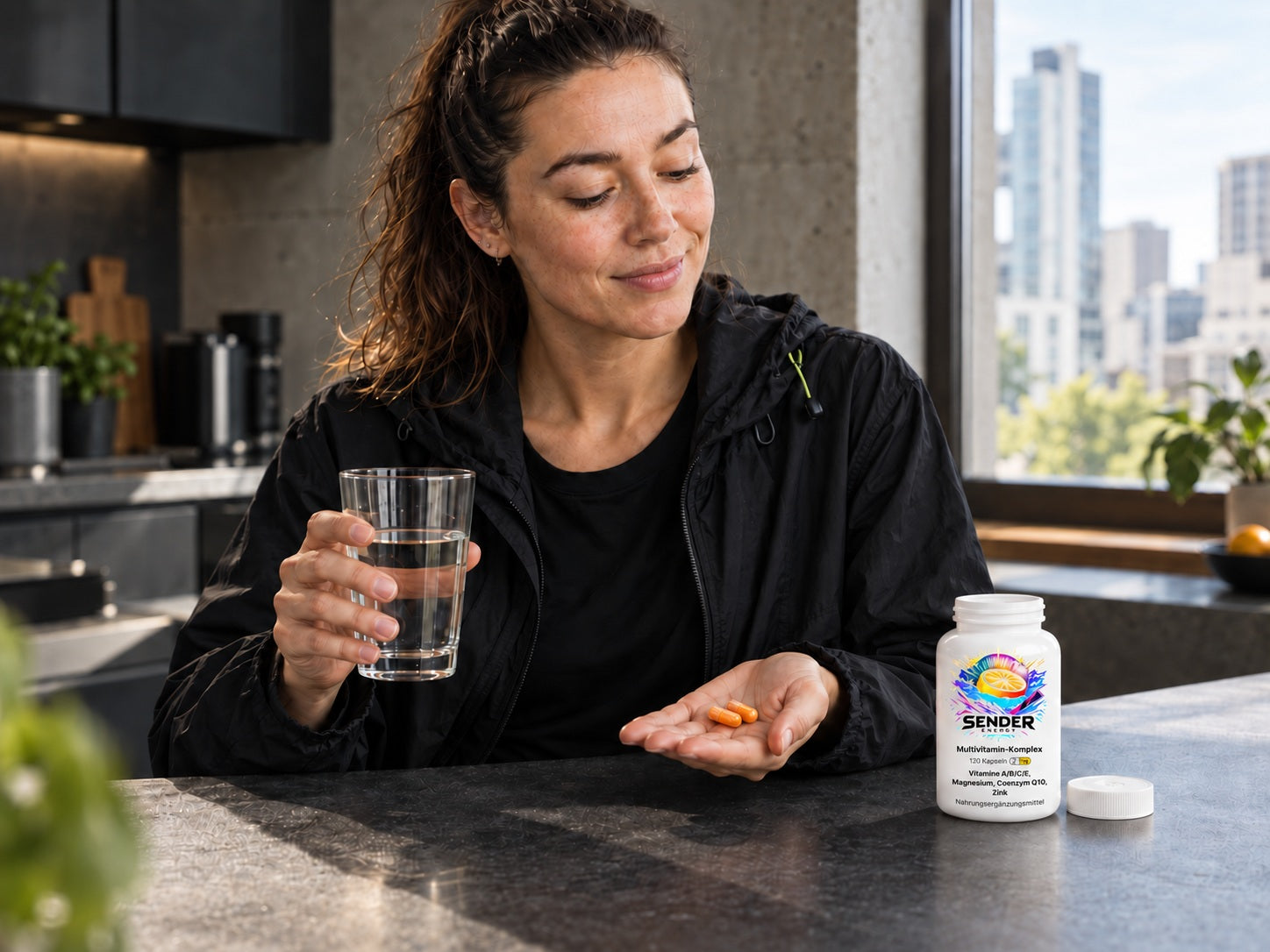 Zwei Kapseln mit orangefarbenem Inhalt in der Hand, daneben Wasser und SENDER Multivitamin-Komplex.
