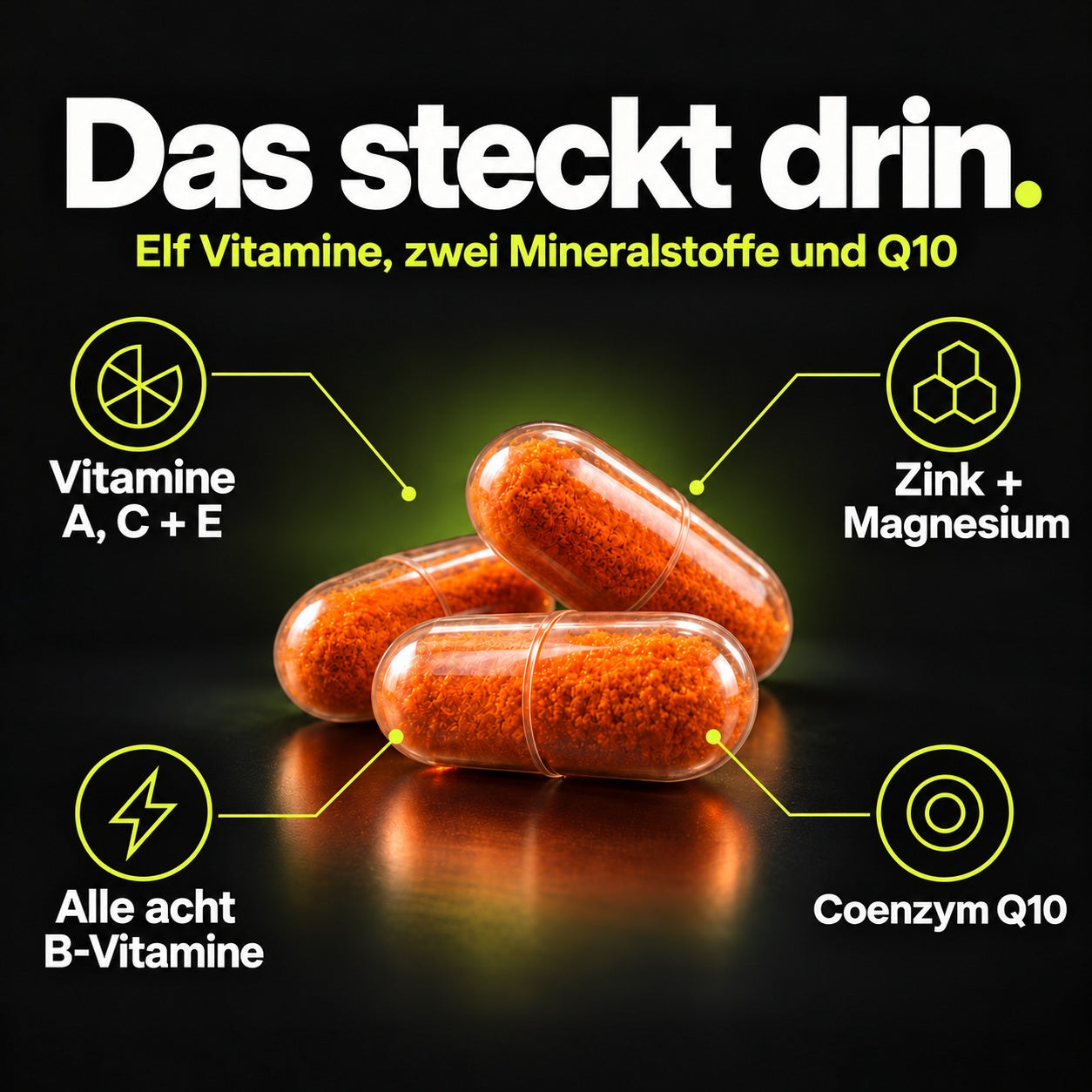 Die Rezeptur: Vitamine A, C und E, alle acht B-Vitamine, Zink, Magnesium und Coenzym Q10.