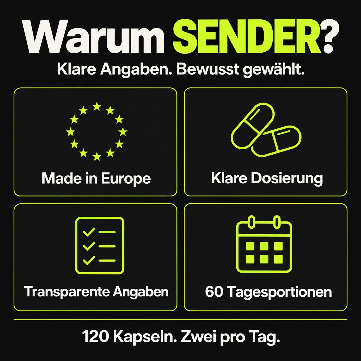 Hergestellt in Europa, klare Dosierung, transparente Angaben und 60 Tagesportionen. 120 Kapseln, zwei pro Tag.