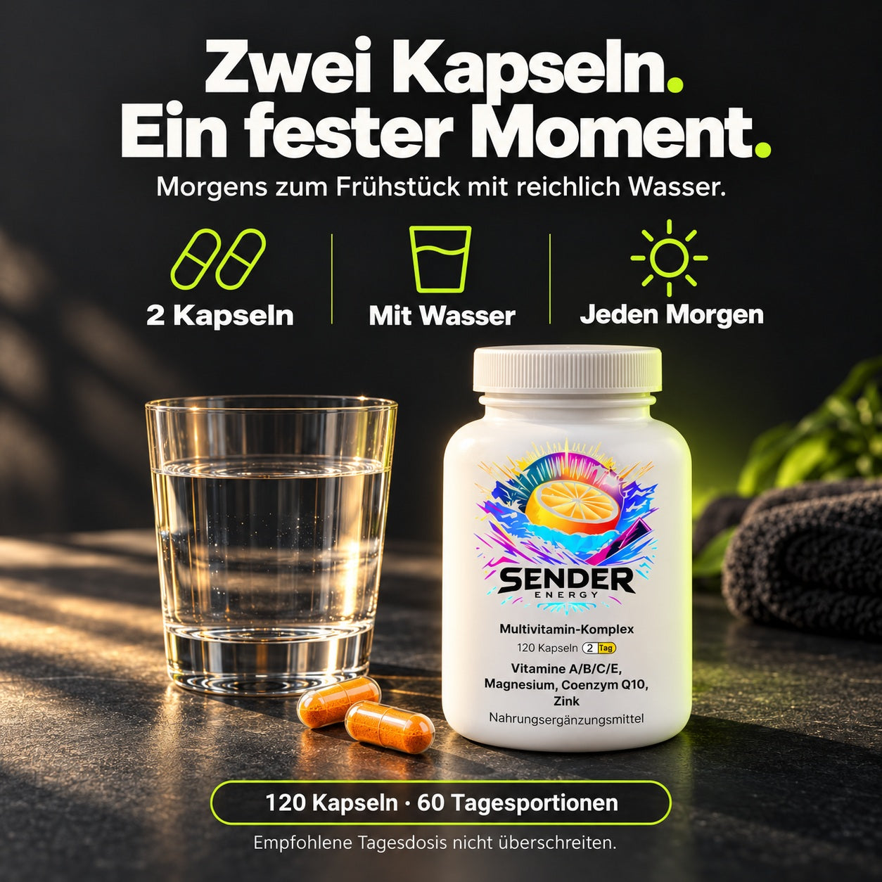 Zwei Kapseln morgens mit reichlich Wasser. 120 Kapseln ergeben 60 Tagesportionen. Empfohlene Tagesdosis nicht überschreiten.